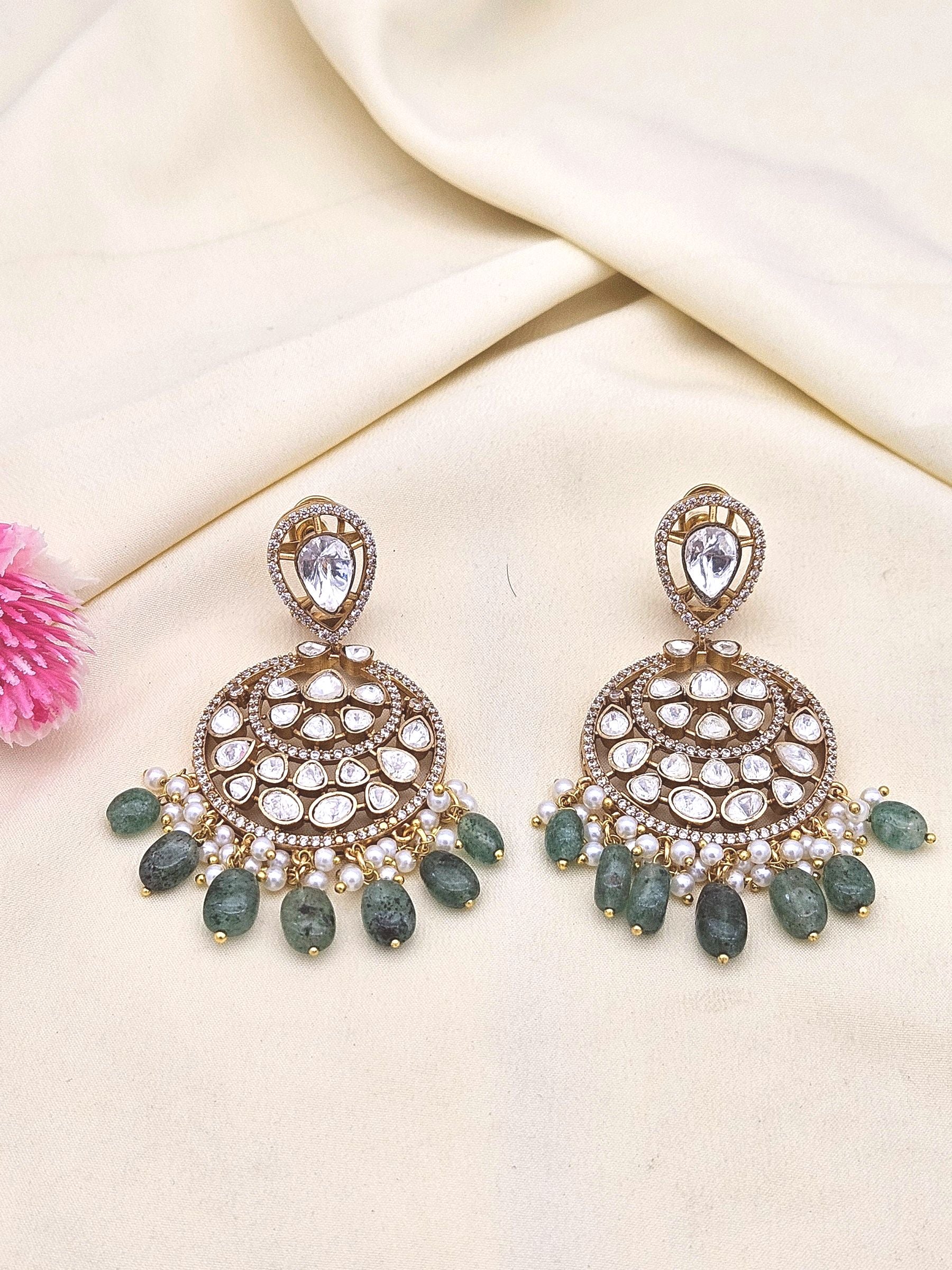 Amazing Artistic Antique Gold plated AD Stone & Polky-Dark Green Jade Beads with Shell Pearl Dangle Drop Earrings