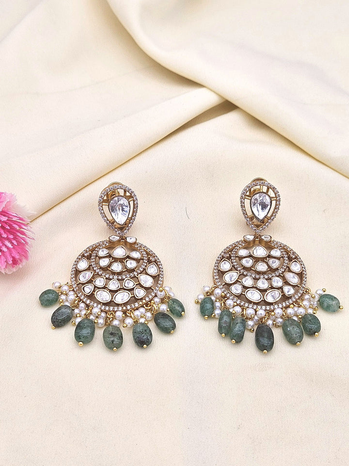 Amazing Artistic Antique Gold plated AD Stone & Polky-Dark Green Jade Beads with Shell Pearl Dangle Drop Earrings