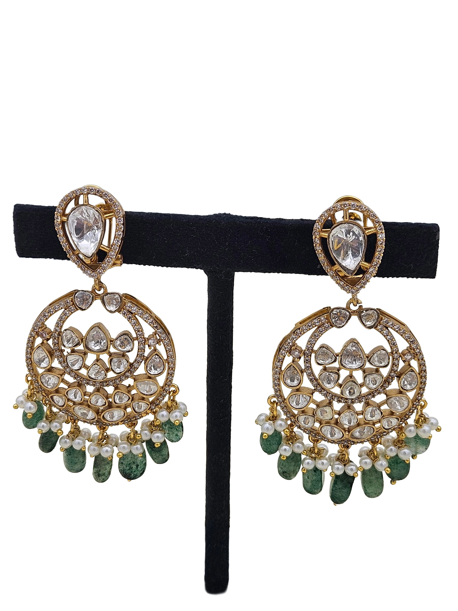 Amazing Artistic Antique Gold plated AD Stone & Polky-Dark Green Jade Beads with Shell Pearl Dangle Drop Earrings