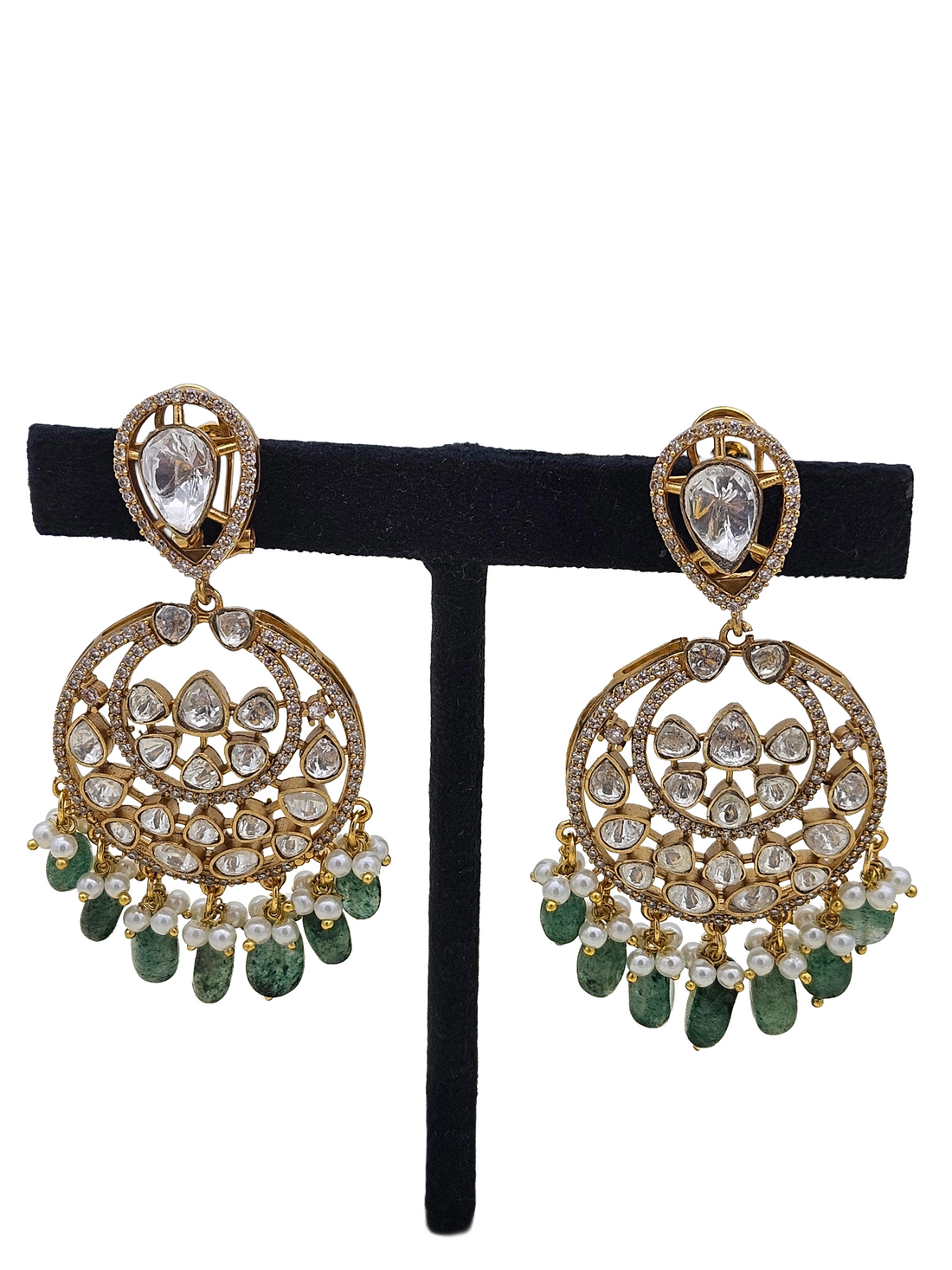 Amazing Artistic Antique Gold plated AD Stone & Polky-Dark Green Jade Beads with Shell Pearl Dangle Drop Earrings