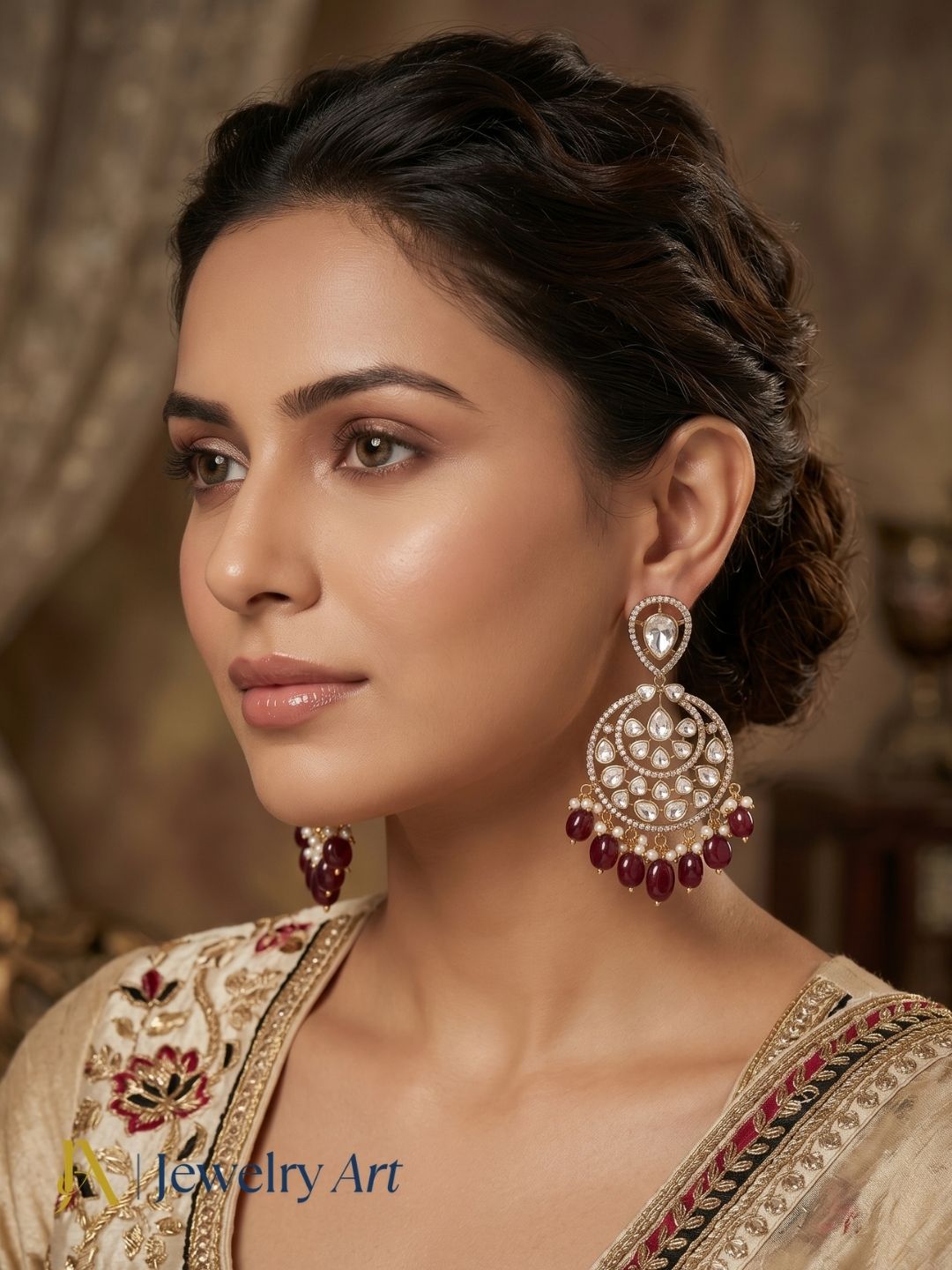Royal-inspired antique gold earrings featuring red quartz bead accents and traditional artistry
