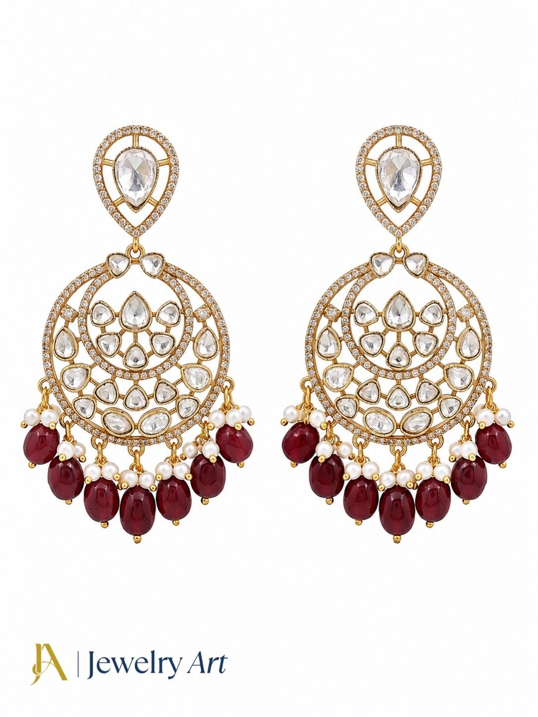 Amazing Artistic Antique Gold plated AD Stone & Polky-Red Quartz Beads with Shell Pearl Dangle Drop Earrings