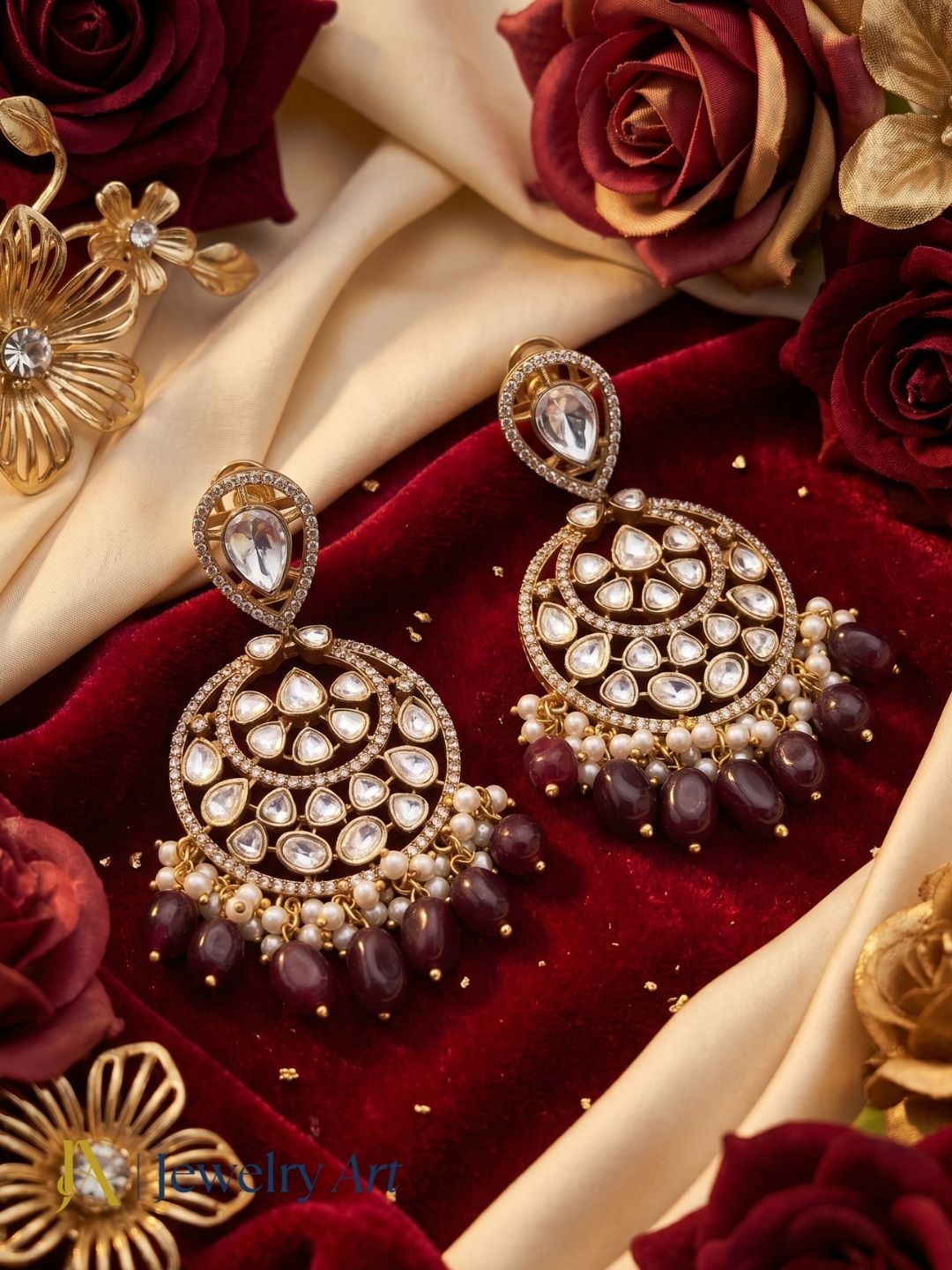 Amazing Artistic Antique Gold plated AD Stone & Polky-Red Quartz Beads with Shell Pearl Dangle Drop Earrings