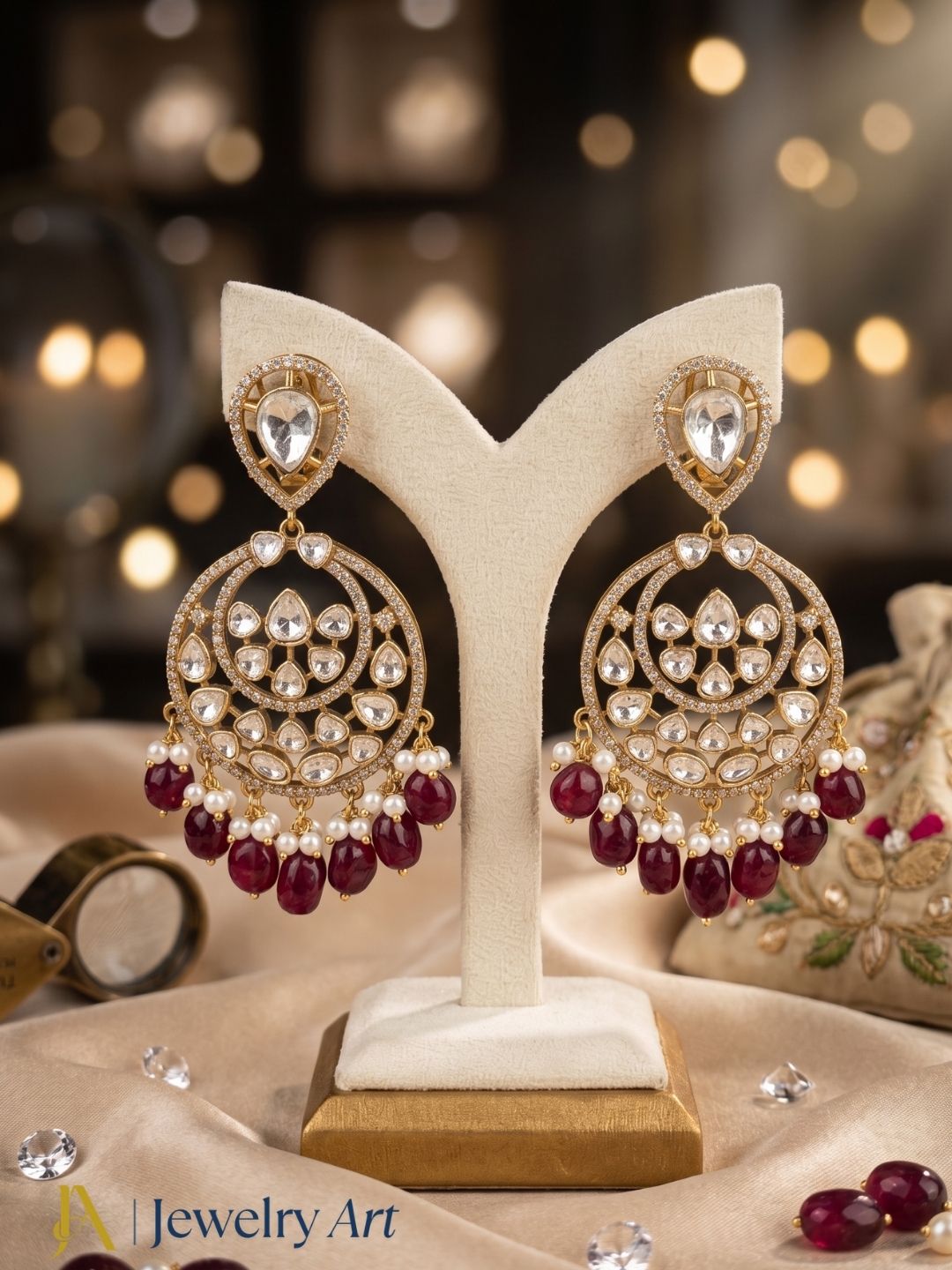 Amazing Artistic Antique Gold plated AD Stone & Polky-Red Quartz Beads with Shell Pearl Dangle Drop Earrings