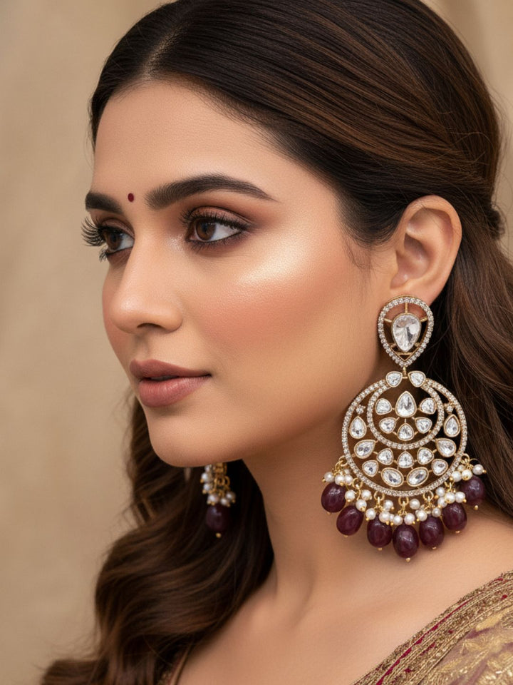 Amazing Artistic Antique Gold plated AD Stone & Polky-Red Quartz Beads with Shell Pearl Dangle Drop Earrings