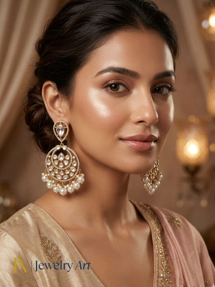 Premium antique gold plated earrings with shell pearl beads and traditional polky craftsmanship
