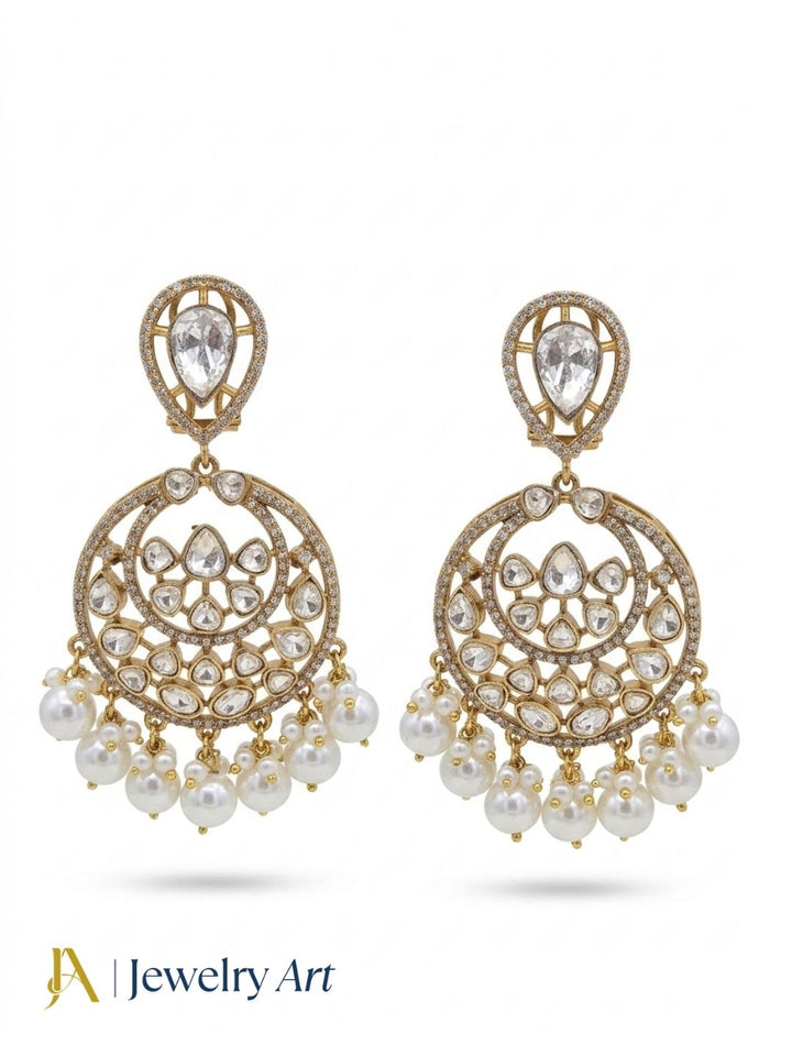 Amazing Artistic Antique Gold plated AD Stone Polky-Shell Pearl Beads -Pearl Dangle Drop Earrings