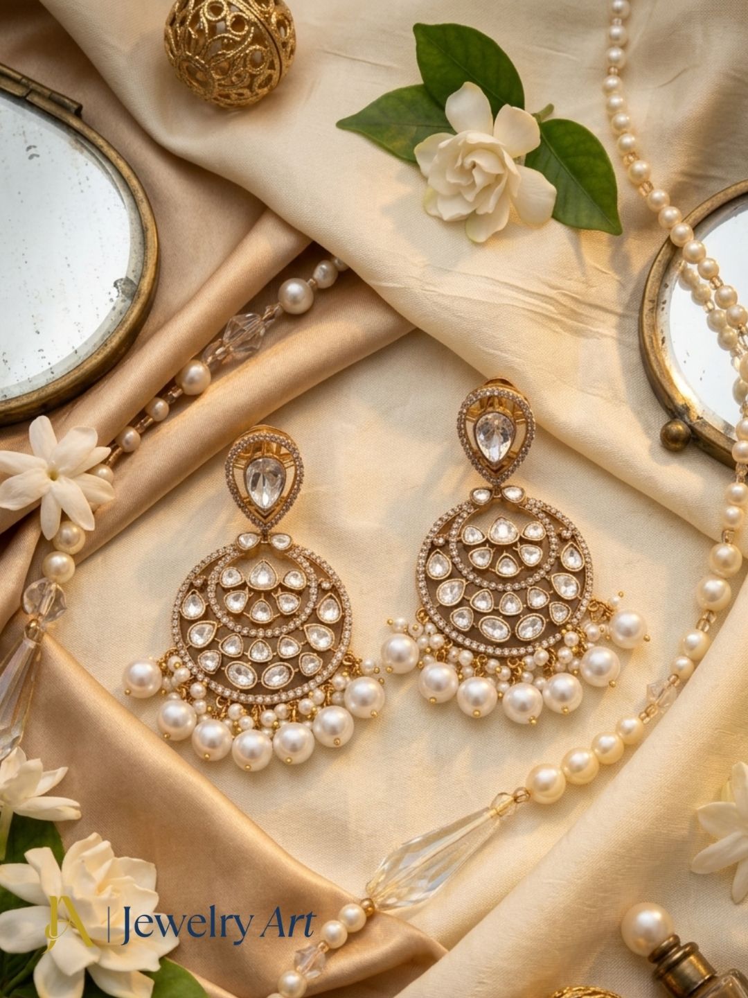 Amazing Artistic Antique Gold plated AD Stone Polky-Shell Pearl Beads -Pearl Dangle Drop Earrings