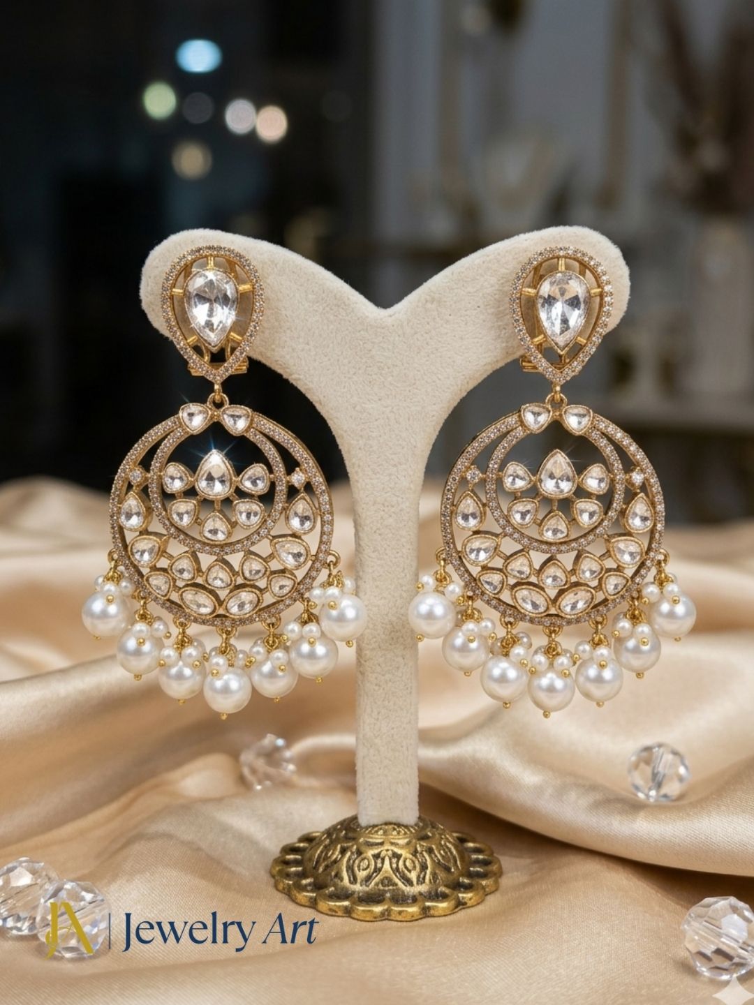 Amazing Artistic Antique Gold plated AD Stone Polky-Shell Pearl Beads -Pearl Dangle Drop Earrings
