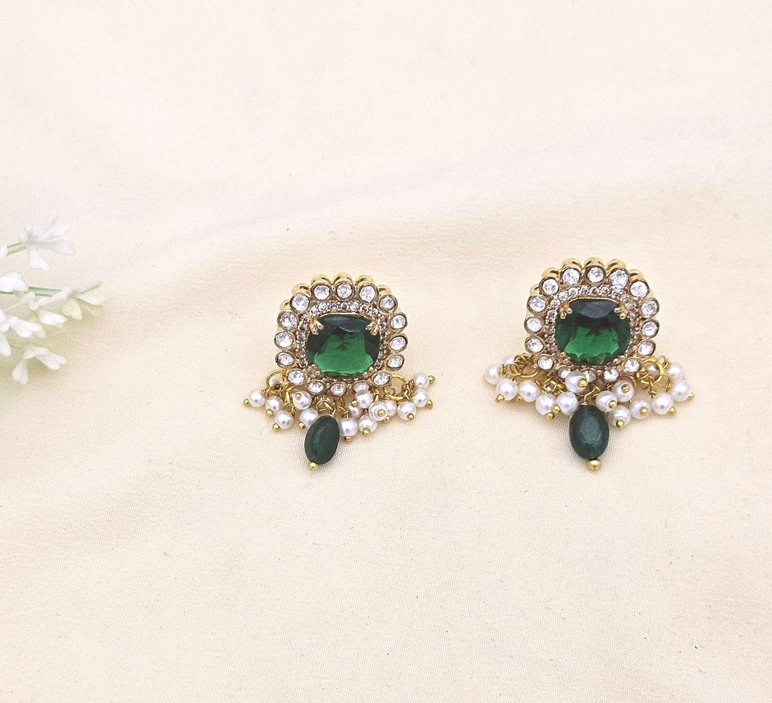 Charming AD-Dark Green Hydro Quartz-Jade Beads- Pearl Light Weight Gift for Her Stud Earring