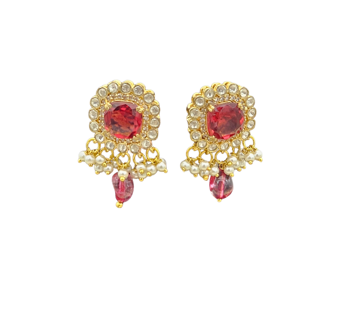 Charming AD-Red Hydro Quartz-Jade Beads- Pearl Light Weight Gift for Her Stud Earring