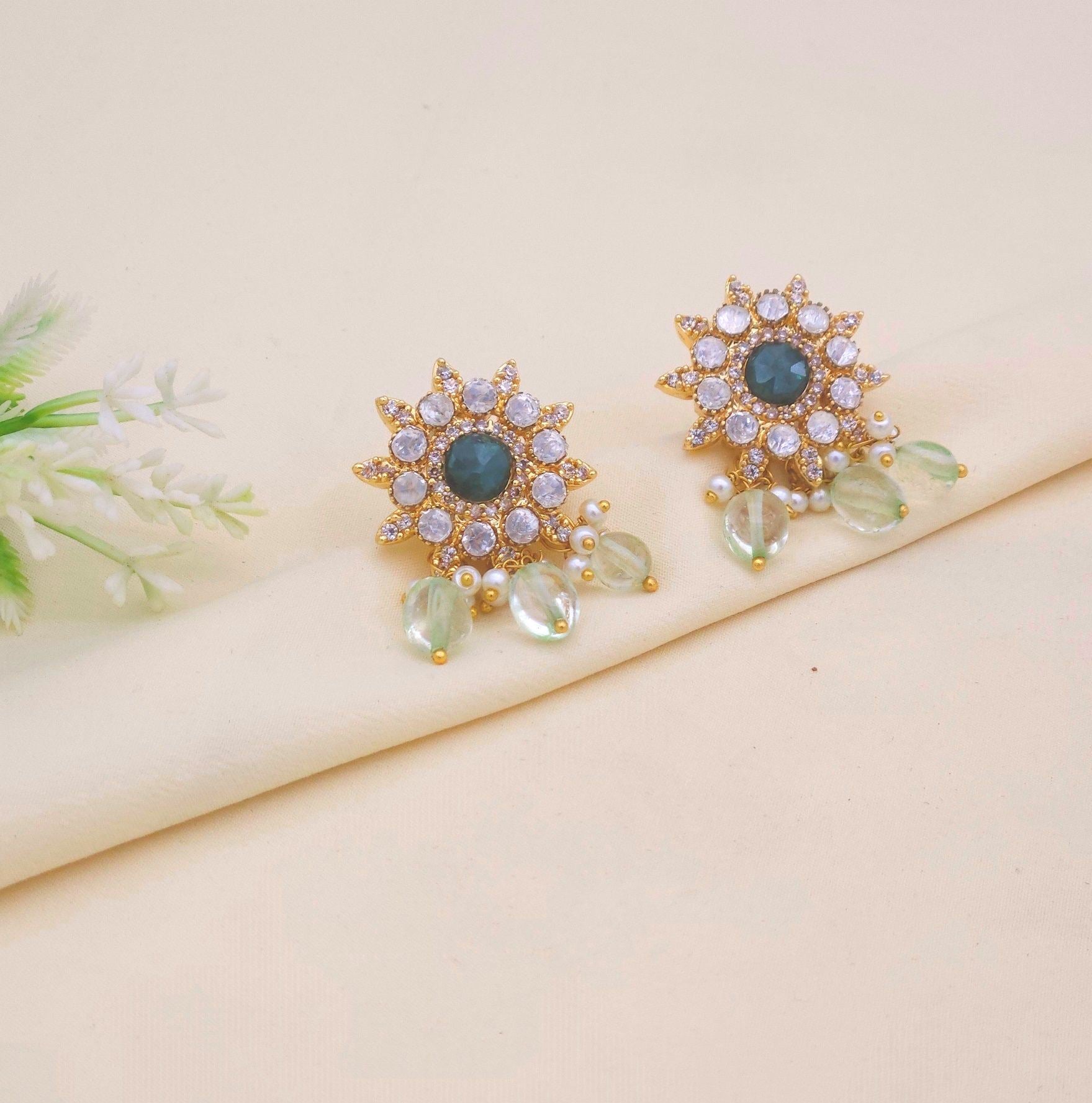 Elegant AD-Green Hathipara-Jade Beads- Pearl Light Weight Gift for Her Stud Earring