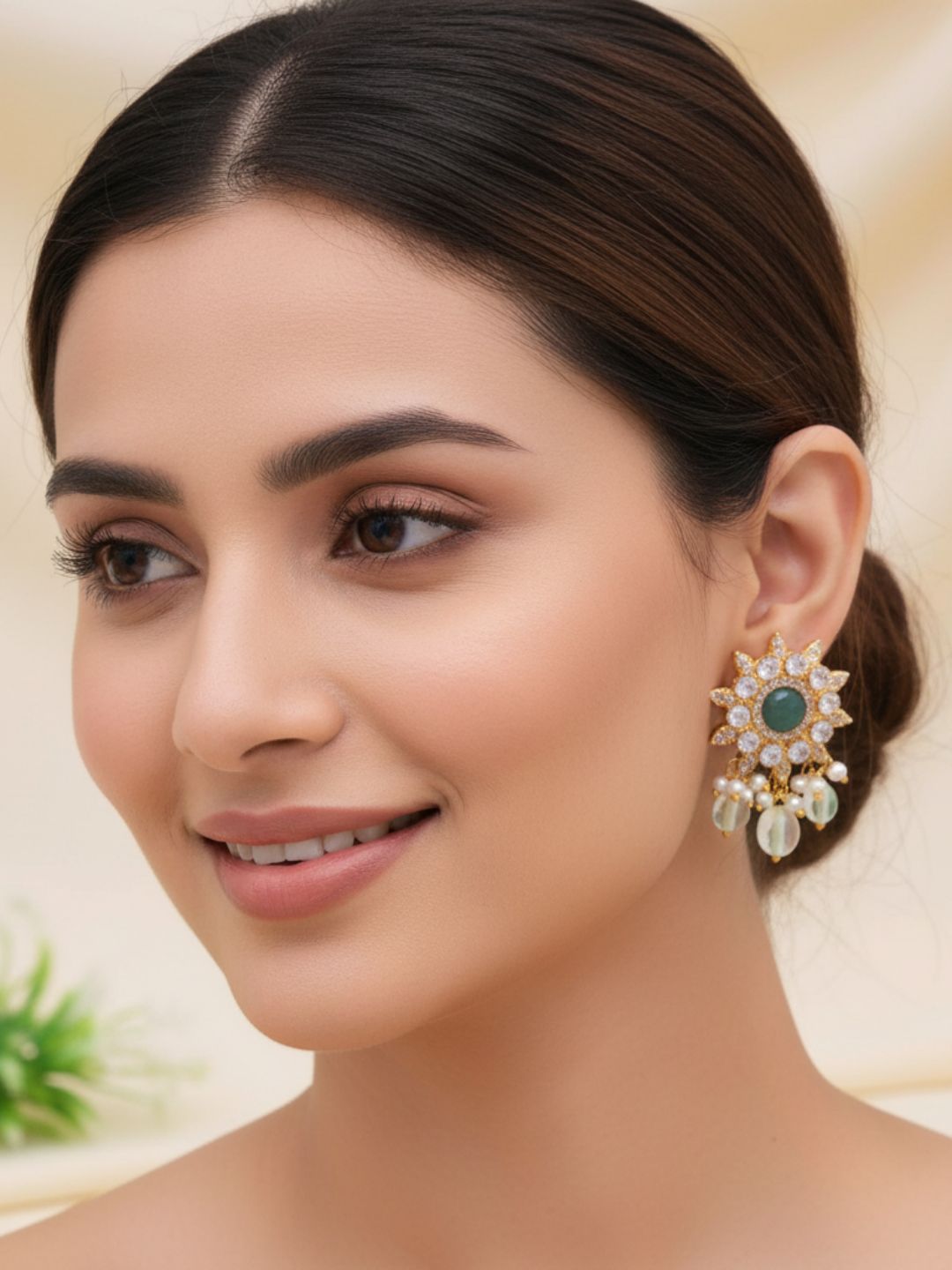 Elegant AD-Green Hathipara-Jade Beads- Pearl Light Weight Gift for Her Stud Earring