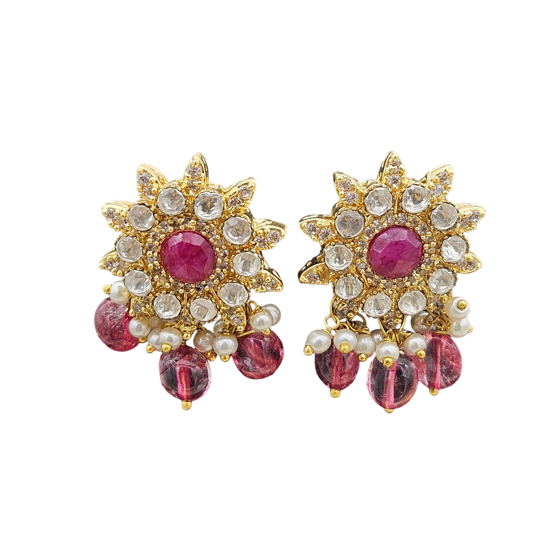 Elegant AD-Red Beryl-Jade Beads- Pearl Light Weight Gift for Her Stud Earring