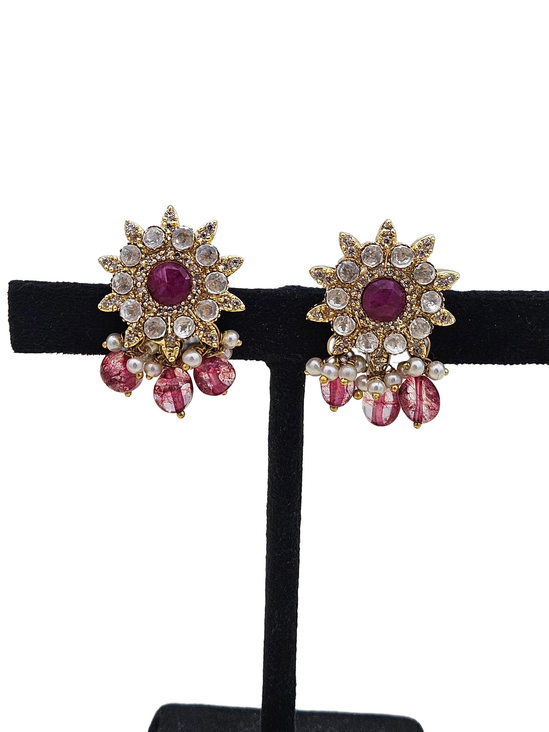 Elegant AD-Red Beryl-Jade Beads- Pearl Light Weight Gift for Her Stud Earring