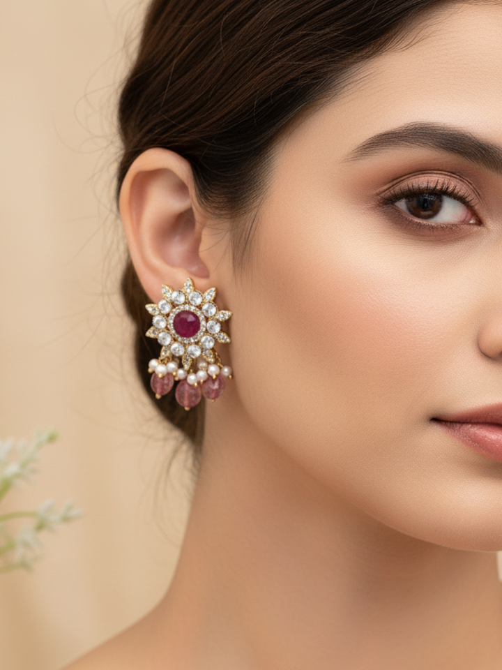 Elegant AD-Red Beryl-Jade Beads- Pearl Light Weight Gift for Her Stud Earring