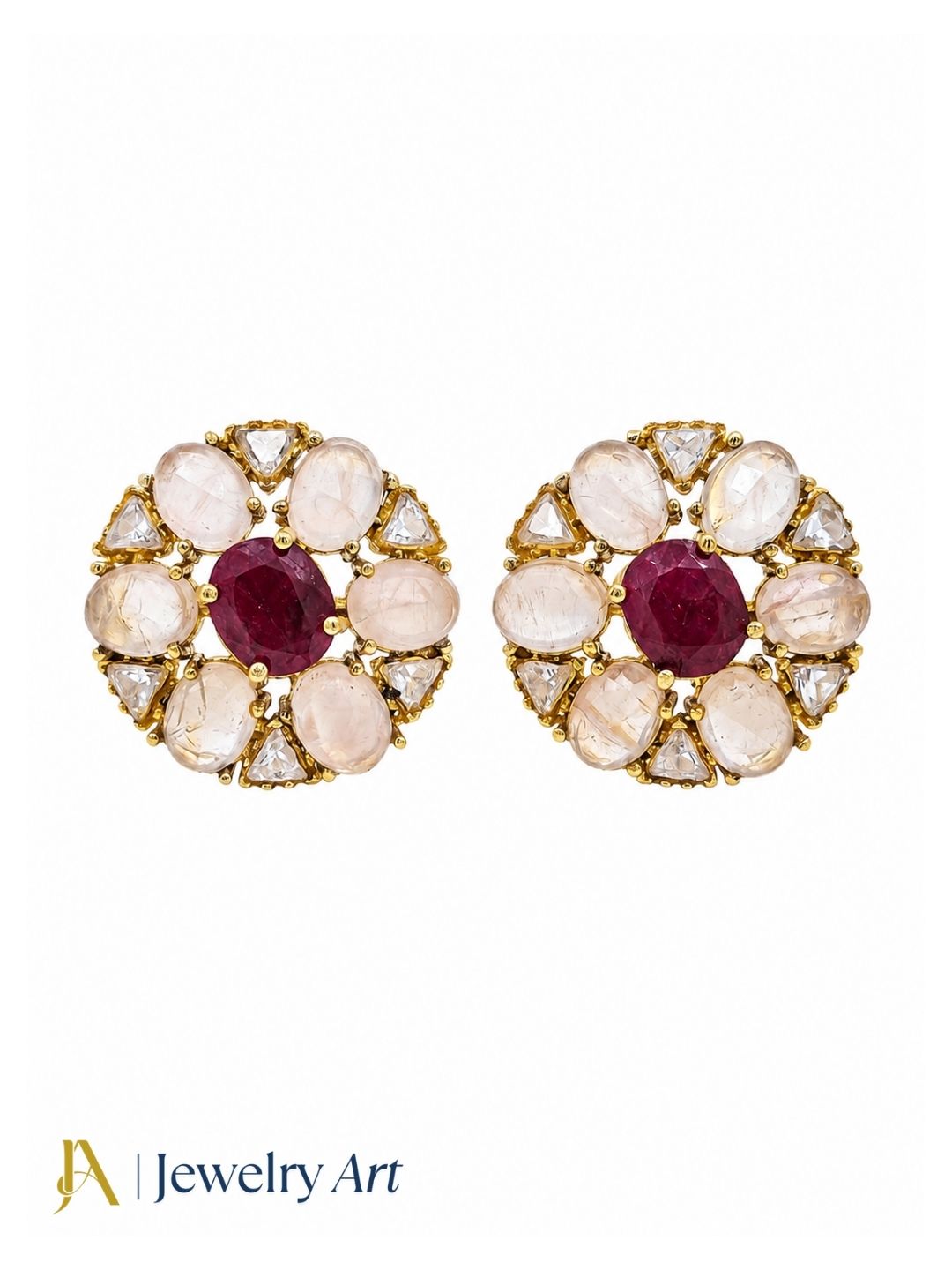 Pretty AD-Rose Quartz-Red Hathipara Artistic Flolar Designer Light Weight Gift for Her Stud Earring