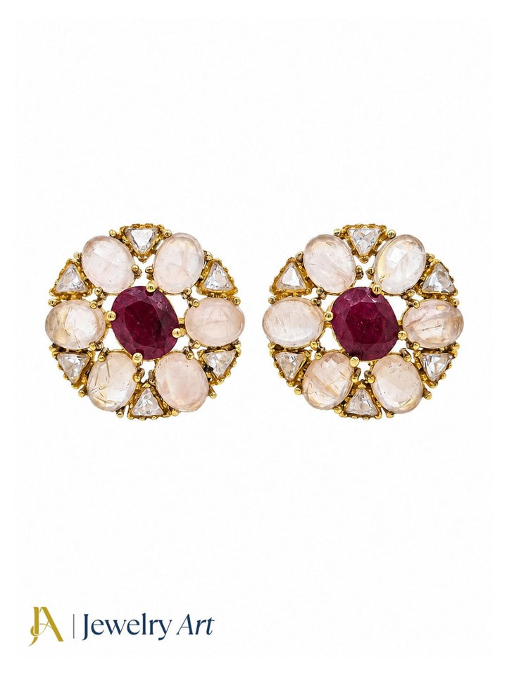 Pretty AD-Rose Quartz-Red Hathipara Artistic Flolar Designer Light Weight Gift for Her Stud Earring