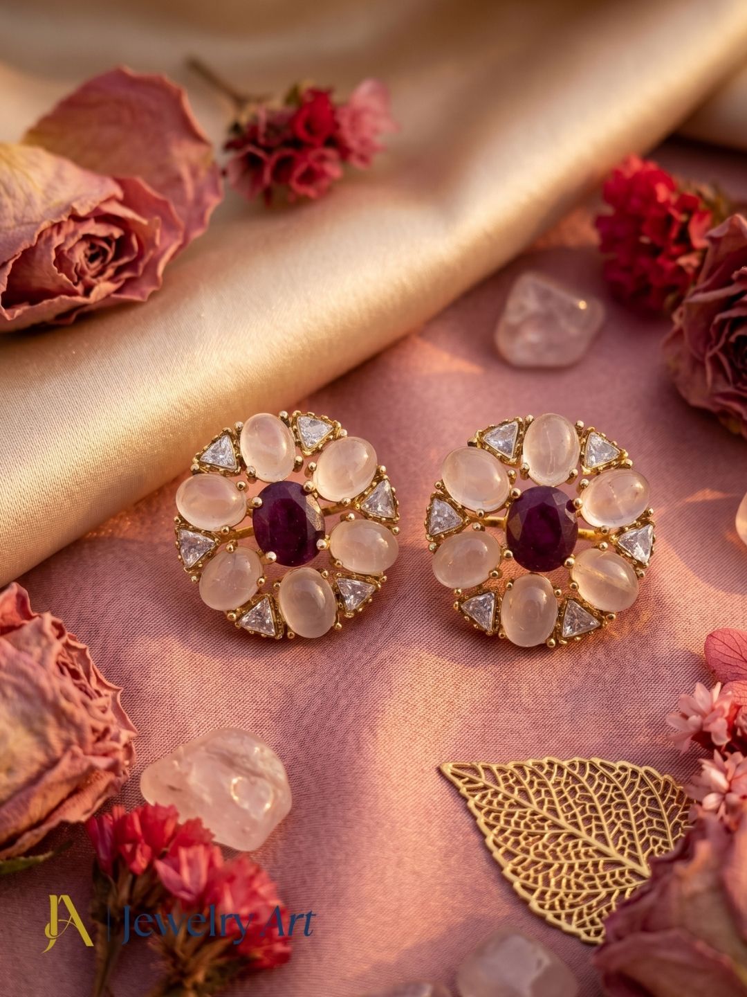 Pretty AD-Rose Quartz-Red Hathipara Artistic Flolar Designer Light Weight Gift for Her Stud Earring