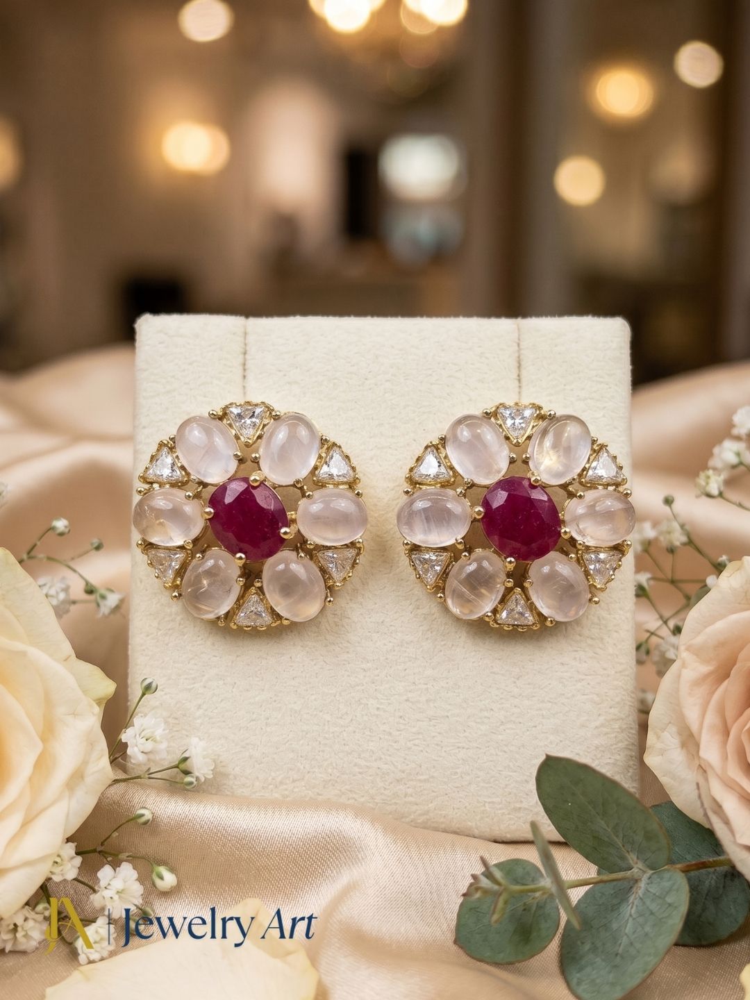 Pretty AD-Rose Quartz-Red Hathipara Artistic Flolar Designer Light Weight Gift for Her Stud Earring