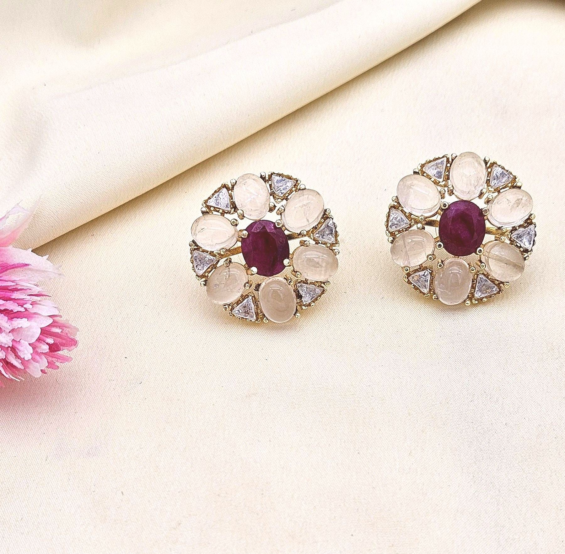 Pretty AD-Rose Quartz-Red Hathipara Artistic Flolar Designer Light Weight Gift for Her Stud Earring