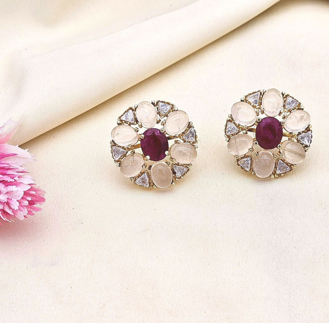 Pretty AD-Rose Quartz-Red Hathipara Artistic Flolar Designer Light Weight Gift for Her Stud Earring