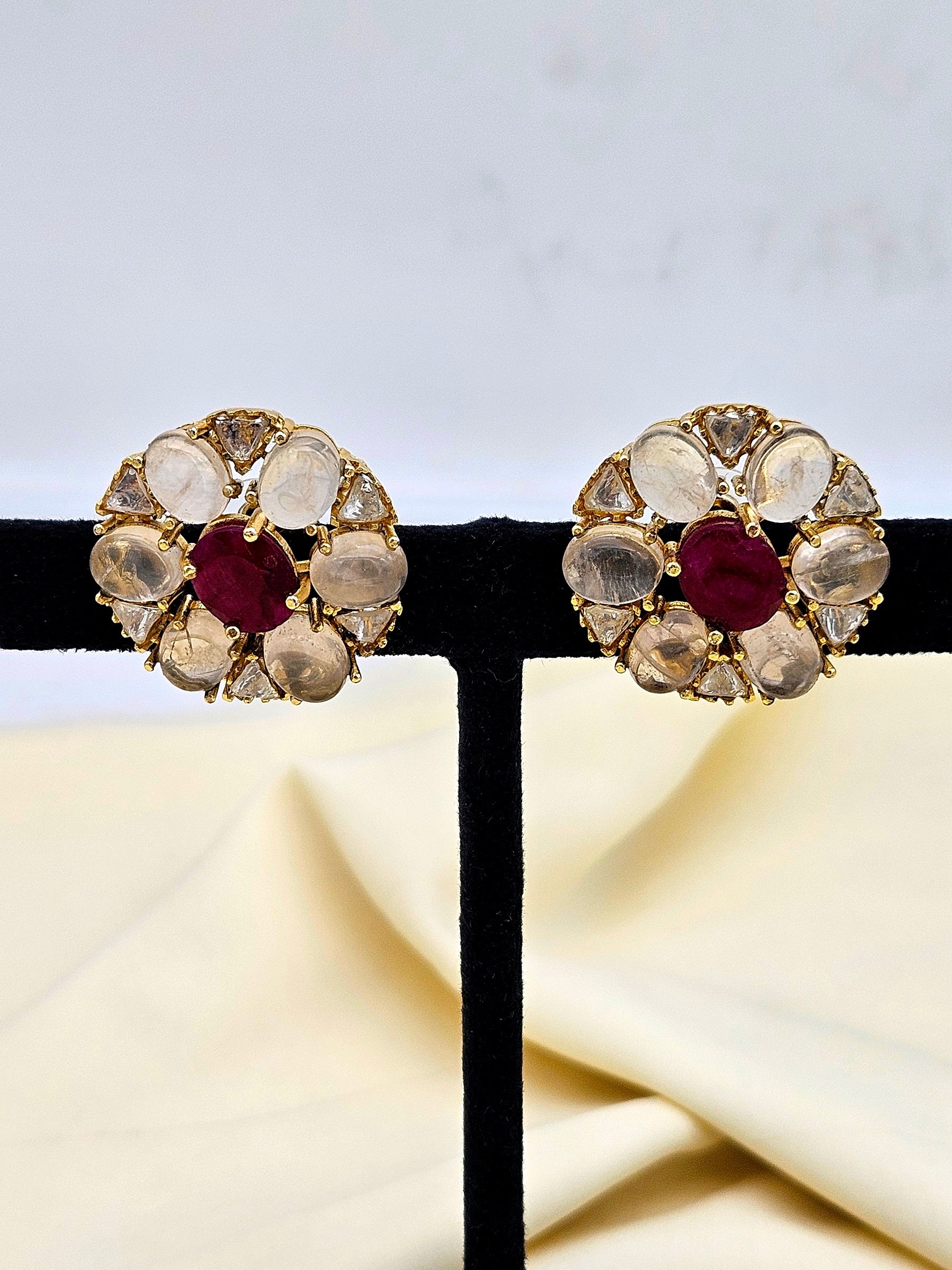 Pretty AD-Rose Quartz-Red Hathipara Artistic Flolar Designer Light Weight Gift for Her Stud Earring