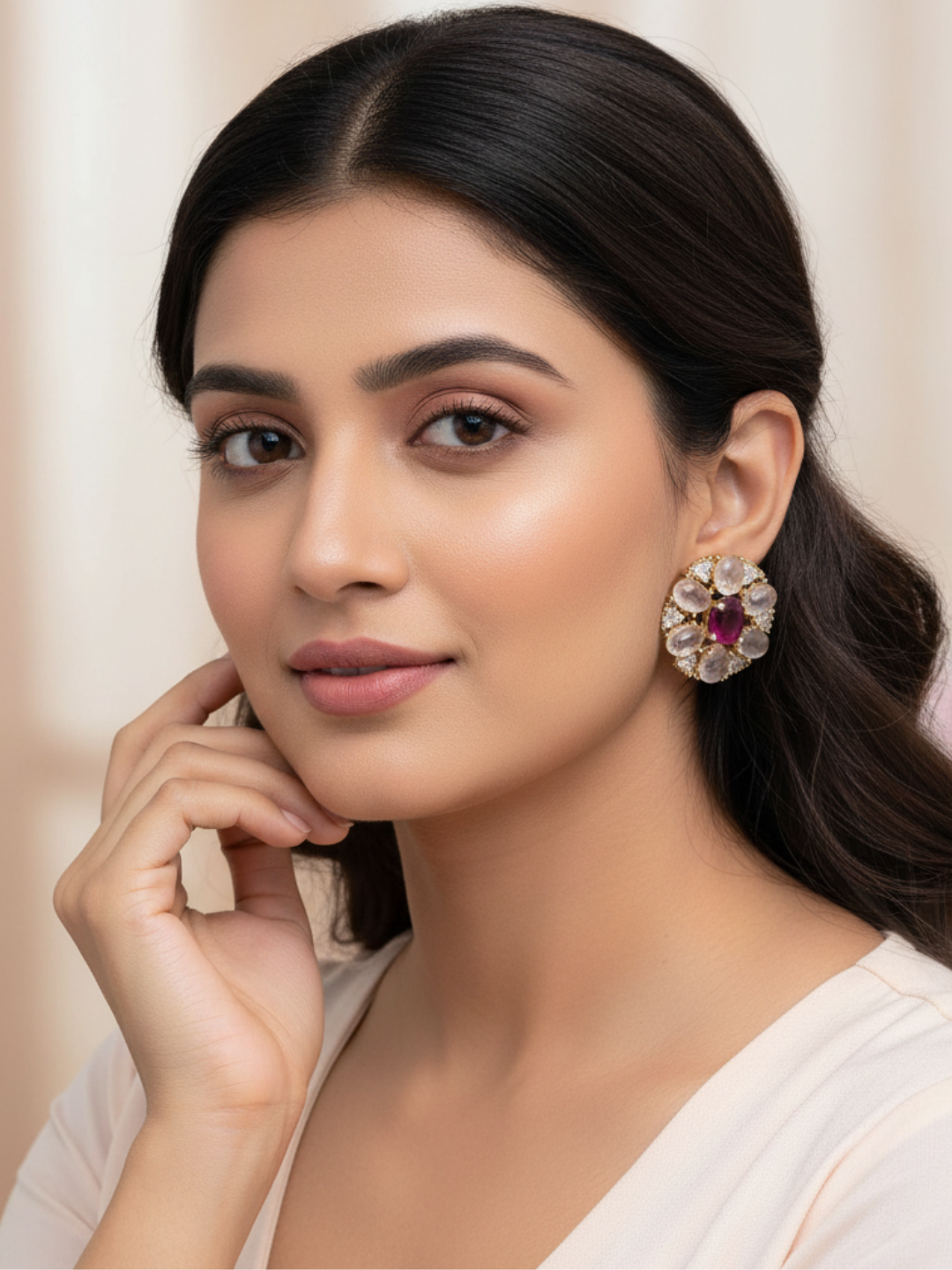 Pretty AD-Rose Quartz-Red Hathipara Artistic Flolar Designer Light Weight Gift for Her Stud Earring