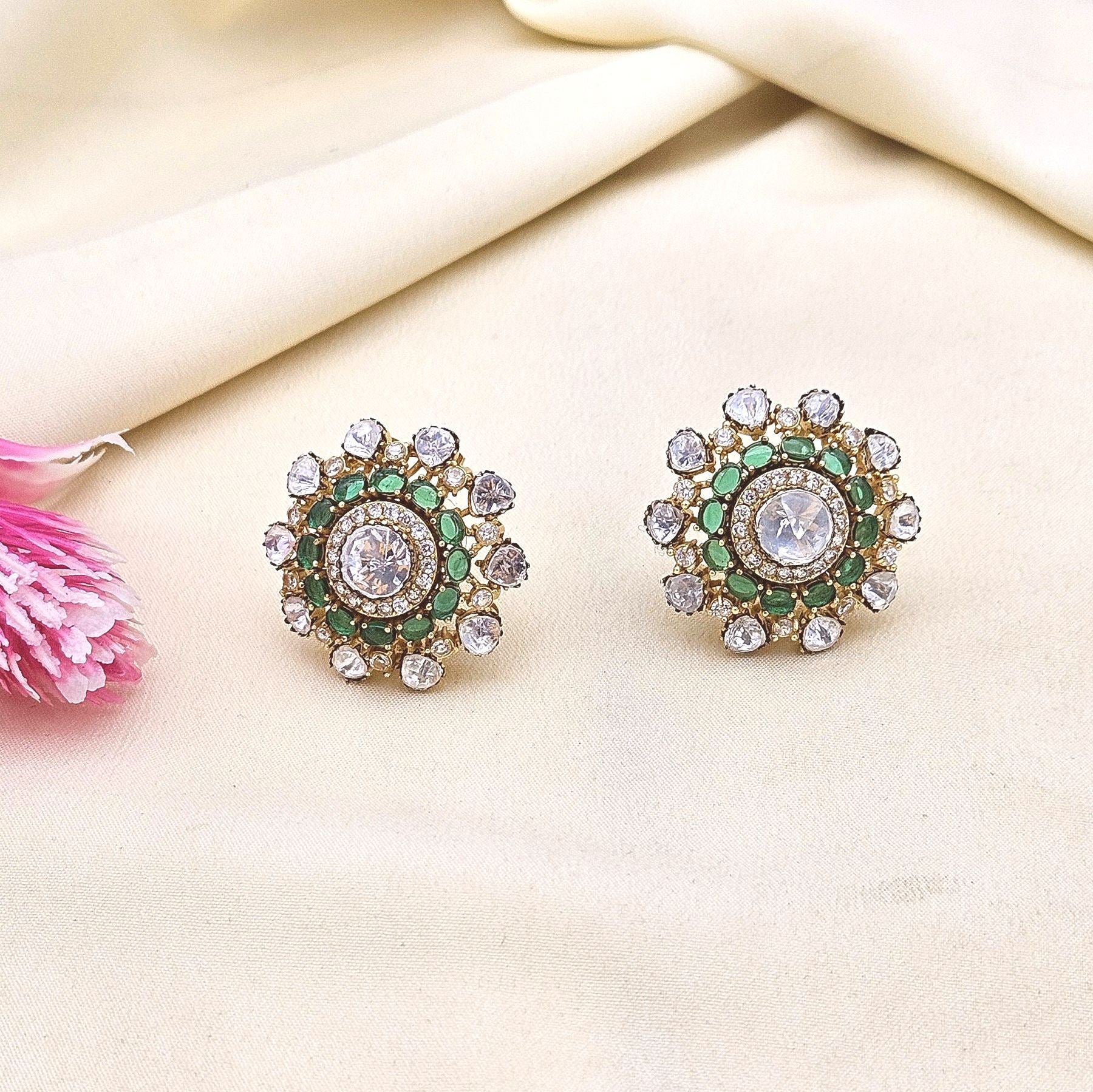 Stylish AD Polky green quartz stone studs – artistic lightweight women’s jewellery gift set
