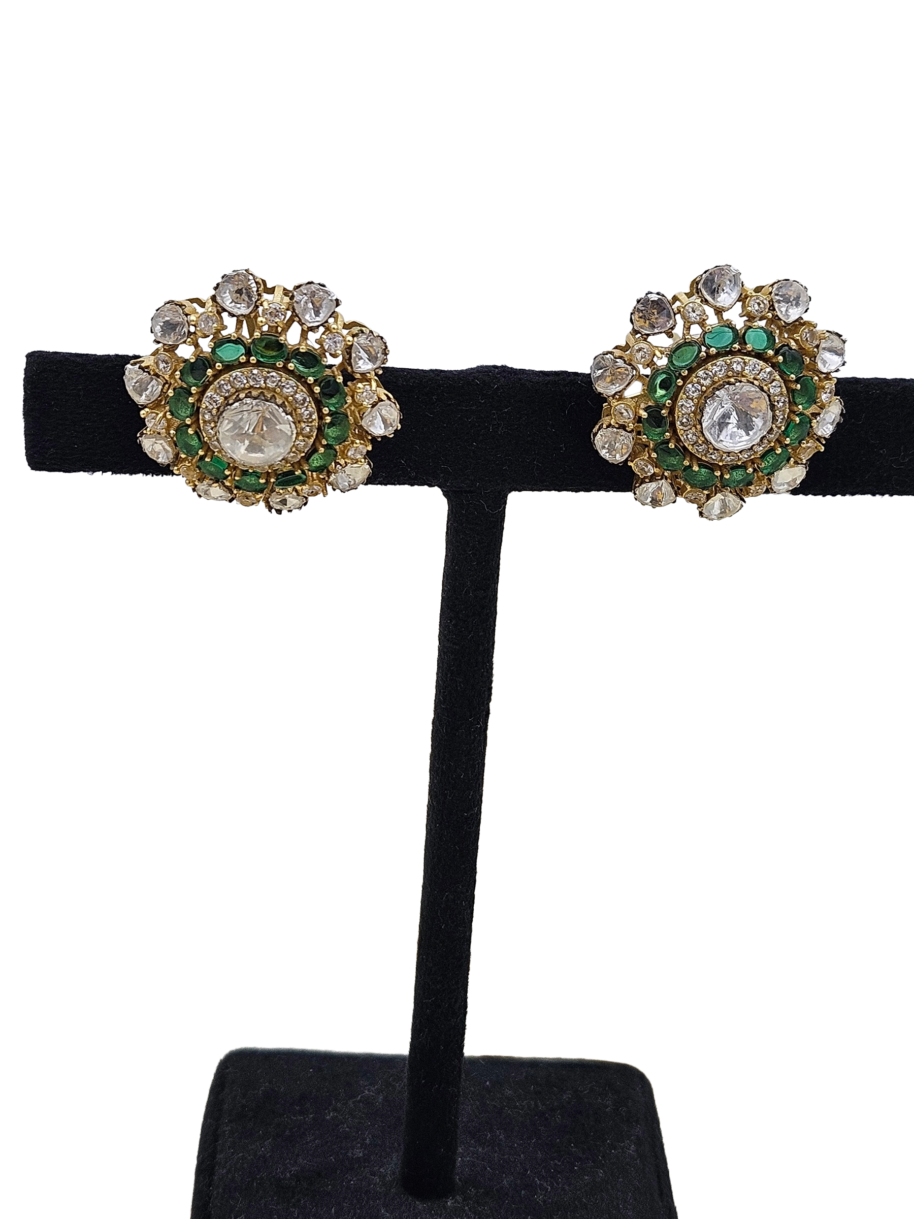 Handcrafted AD polki green quartz stud earrings – stylish ethnic gift set for women
