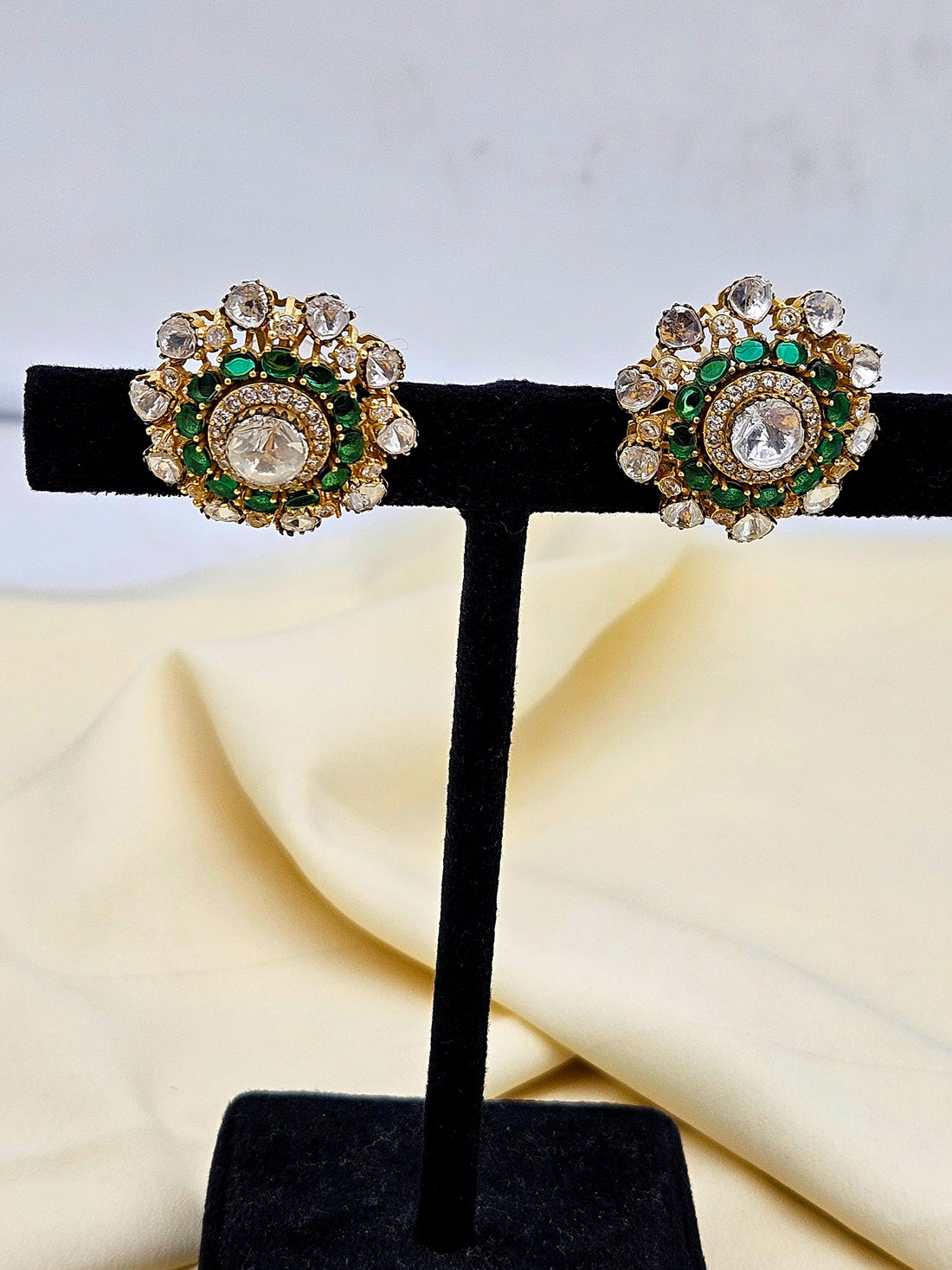Designer AD polki green quartz stud earrings – chic lightweight women’s accessory gift
