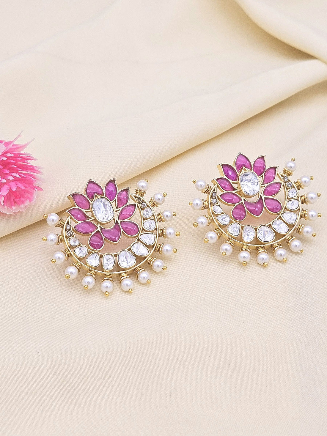 Exclusive AD Moissanite Polky designer red stone pearl stud earrings – gift for women
