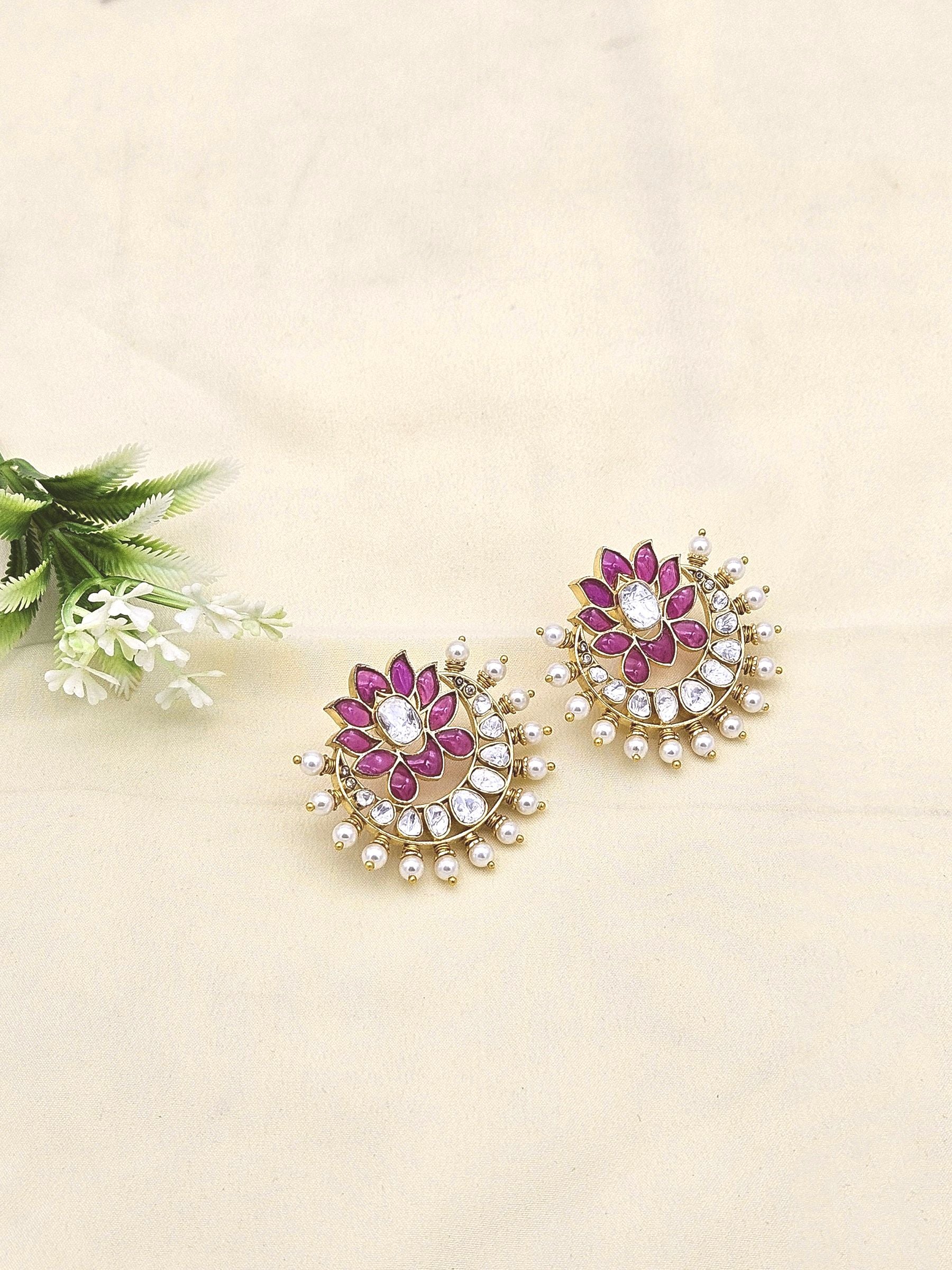 Unique AD Moissanite Polky red stone pearl costume stud earrings – women’s designer gift accessory
