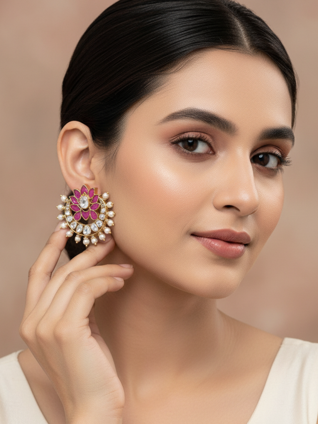 Exiquite AD-Moissanite - Synthetic Polky-Red Imitation Stone Shell Pearl Costume Stud Earrings - Gift for Her