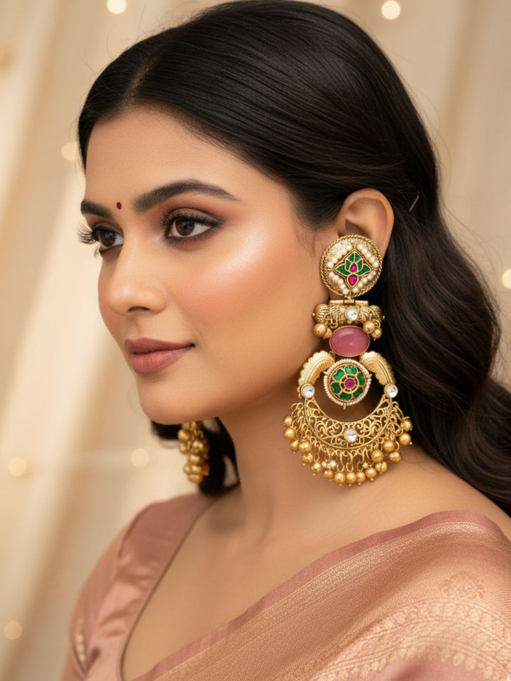 Amazing Antique Gold Pink Color Stone-Multi Color Glass Motif-Polky-Pearl  Fancy Dangle Earrings