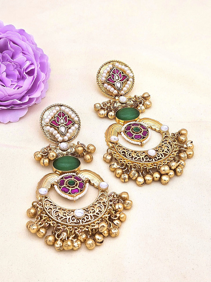 Amazing Antique Gold Green Color Stone-Multi Color Glass Motif-Polky-Pearl  Fancy Dangle Earrings