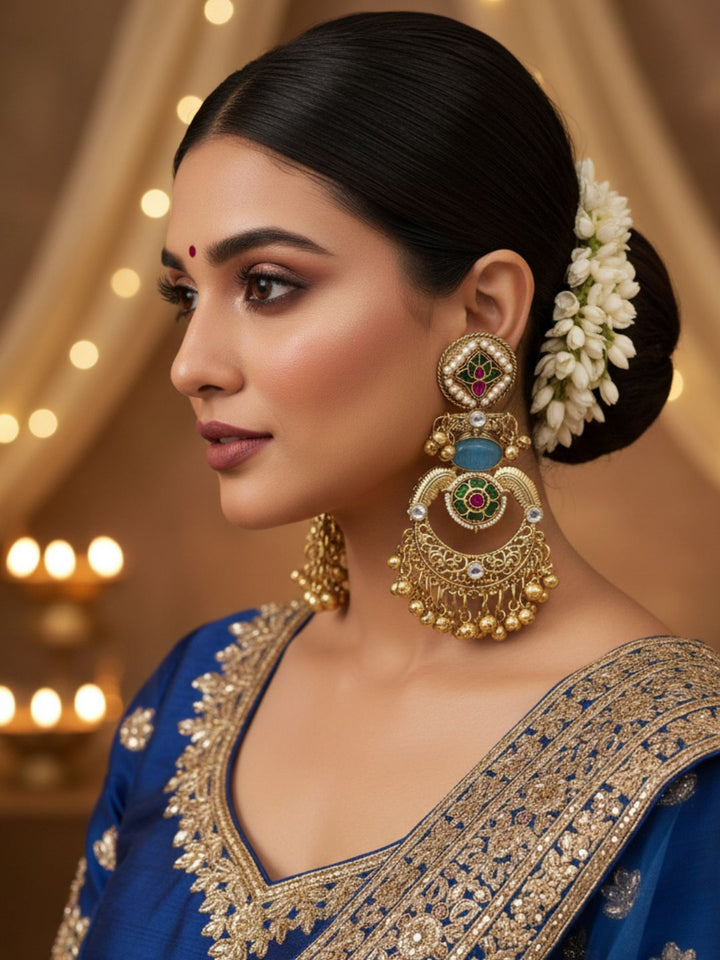 Amazing Antique Gold Blue Color Stone-Multi Color Glass Motif-Polky-Pearl  Fancy Dangle Earrings