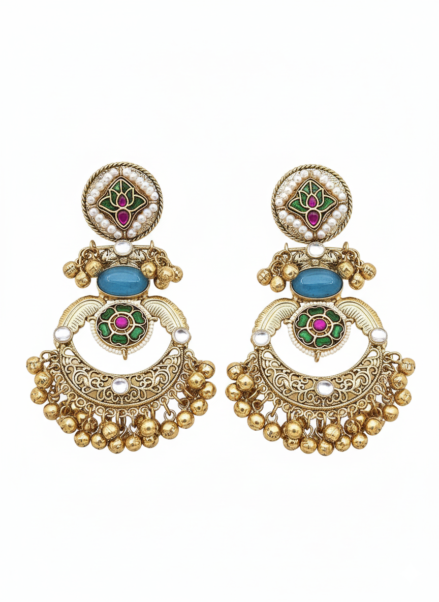 Amazing Antique Gold Blue Color Stone-Multi Color Glass Motif-Polky-Pearl  Fancy Dangle Earrings