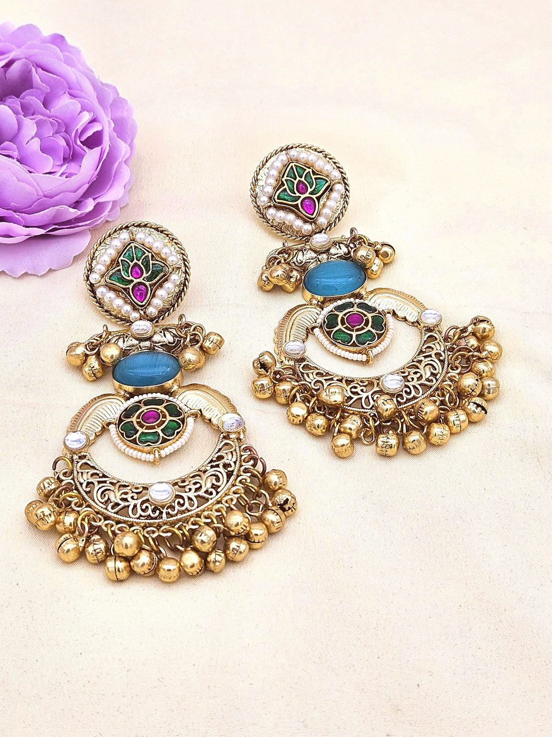 Amazing Antique Gold Blue Color Stone-Multi Color Glass Motif-Polky-Pearl  Fancy Dangle Earrings