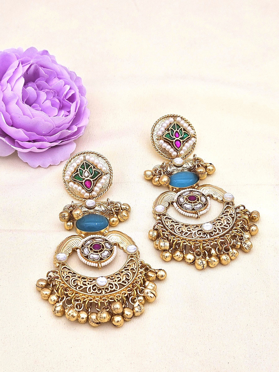 Amazing Antique Gold Blue Color Stone-Multi Color Glass Motif-Polky-Pearl  Fancy Dangle Earrings