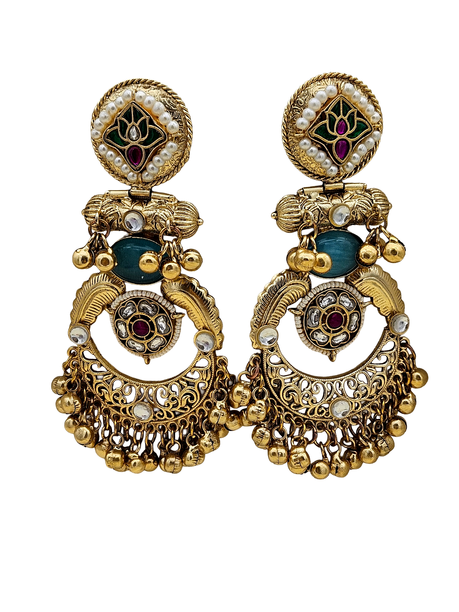 Amazing Antique Gold Blue Color Stone-Multi Color Glass Motif-Polky-Pearl  Fancy Dangle Earrings