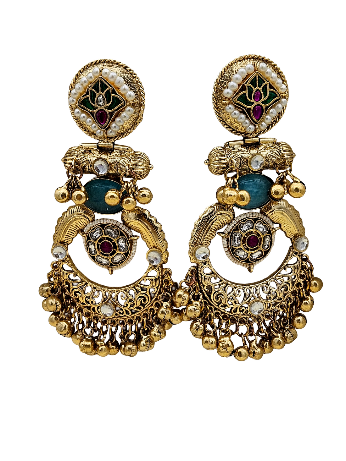 Amazing Antique Gold Blue Color Stone-Multi Color Glass Motif-Polky-Pearl  Fancy Dangle Earrings