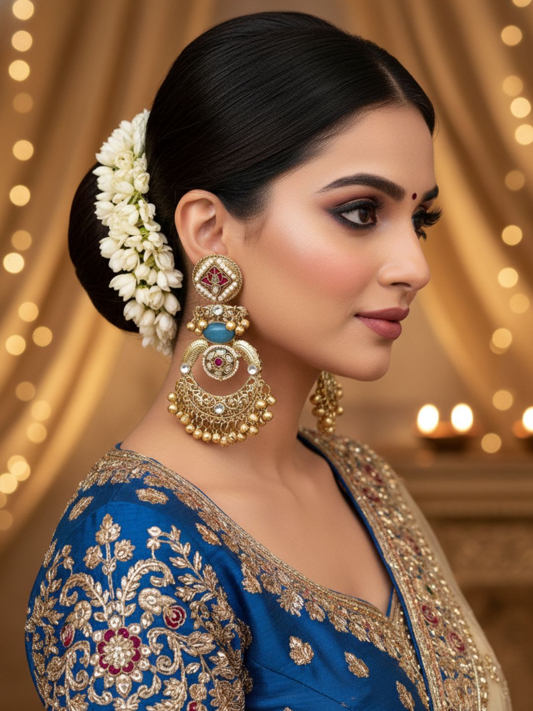 Amazing Antique Gold Blue Color Stone-Multi Color Glass Motif-Polky-Pearl  Fancy Dangle Earrings