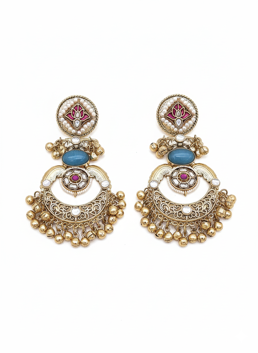 Amazing Antique Gold Blue Color Stone-Multi Color Glass Motif-Polky-Pearl  Fancy Dangle Earrings