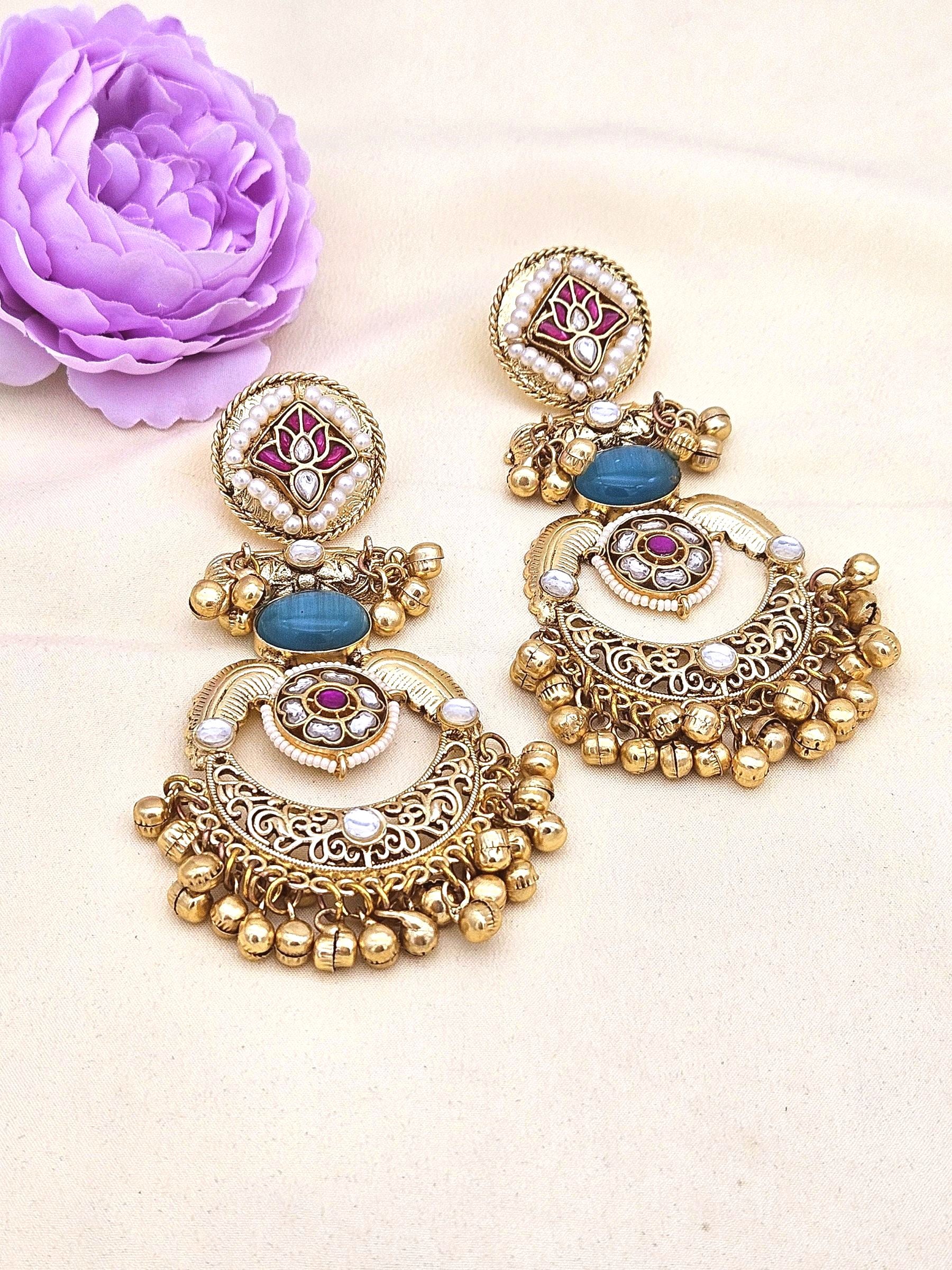 Amazing Antique Gold Blue Color Stone-Multi Color Glass Motif-Polky-Pearl  Fancy Dangle Earrings