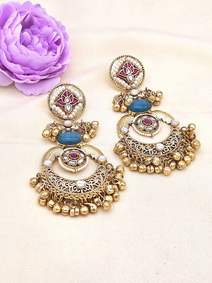 Amazing Antique Gold Blue Color Stone-Multi Color Glass Motif-Polky-Pearl  Fancy Dangle Earrings