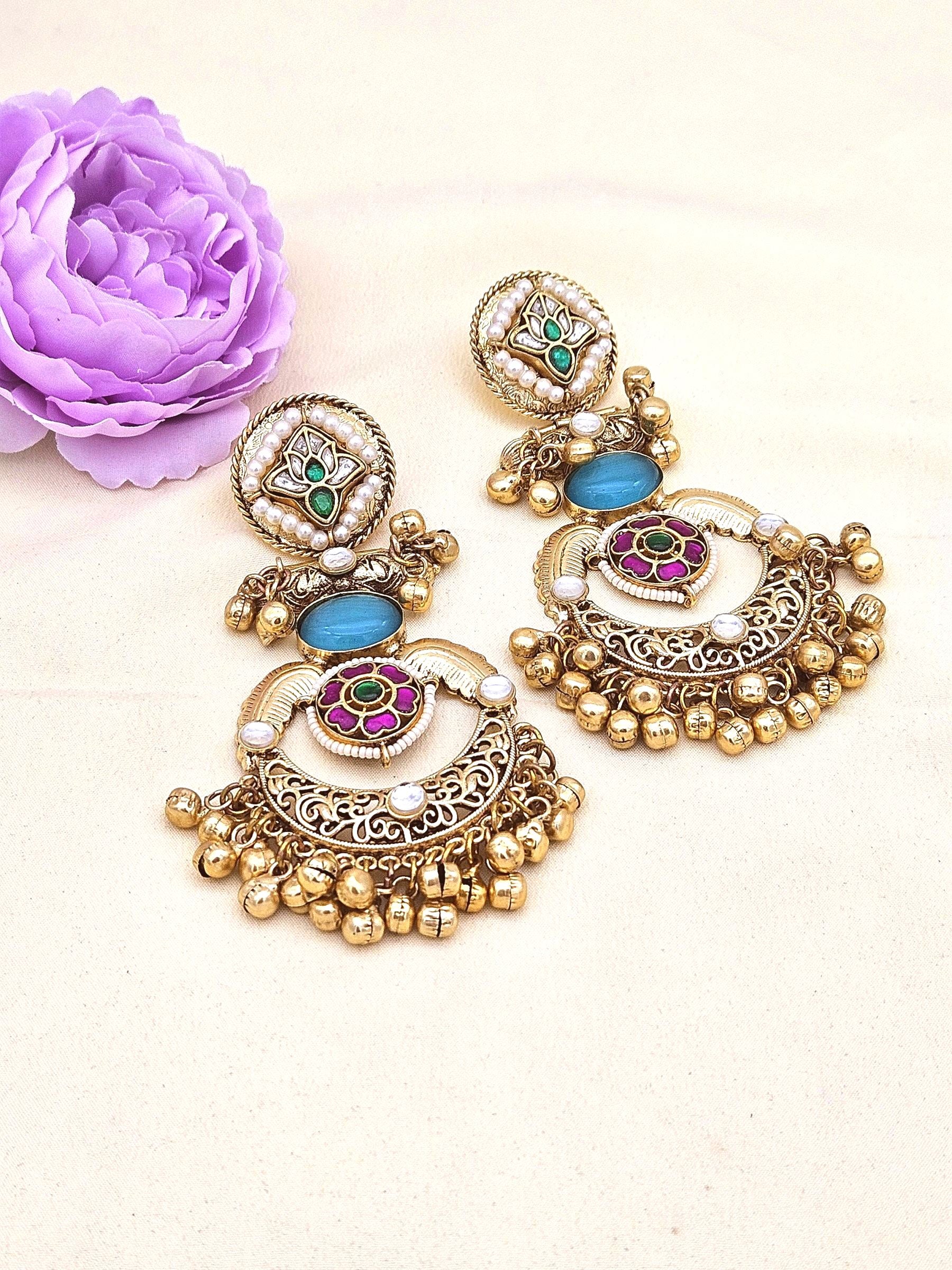 Amazing Antique Gold Blue Color Stone-Multi Color Glass Motif-Polky-Pearl  Fancy Dangle Earrings