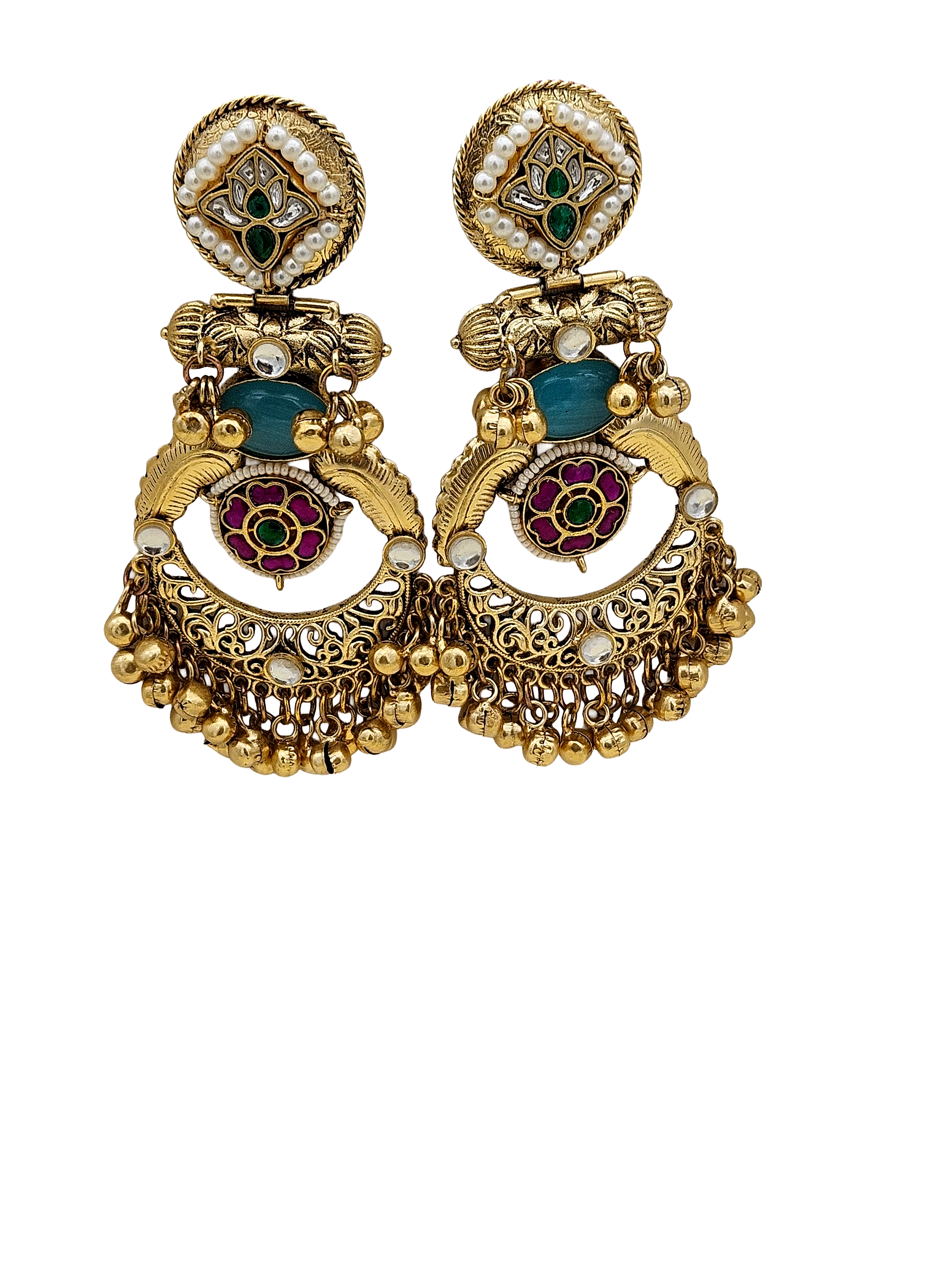 Amazing Antique Gold Blue Color Stone-Multi Color Glass Motif-Polky-Pearl  Fancy Dangle Earrings