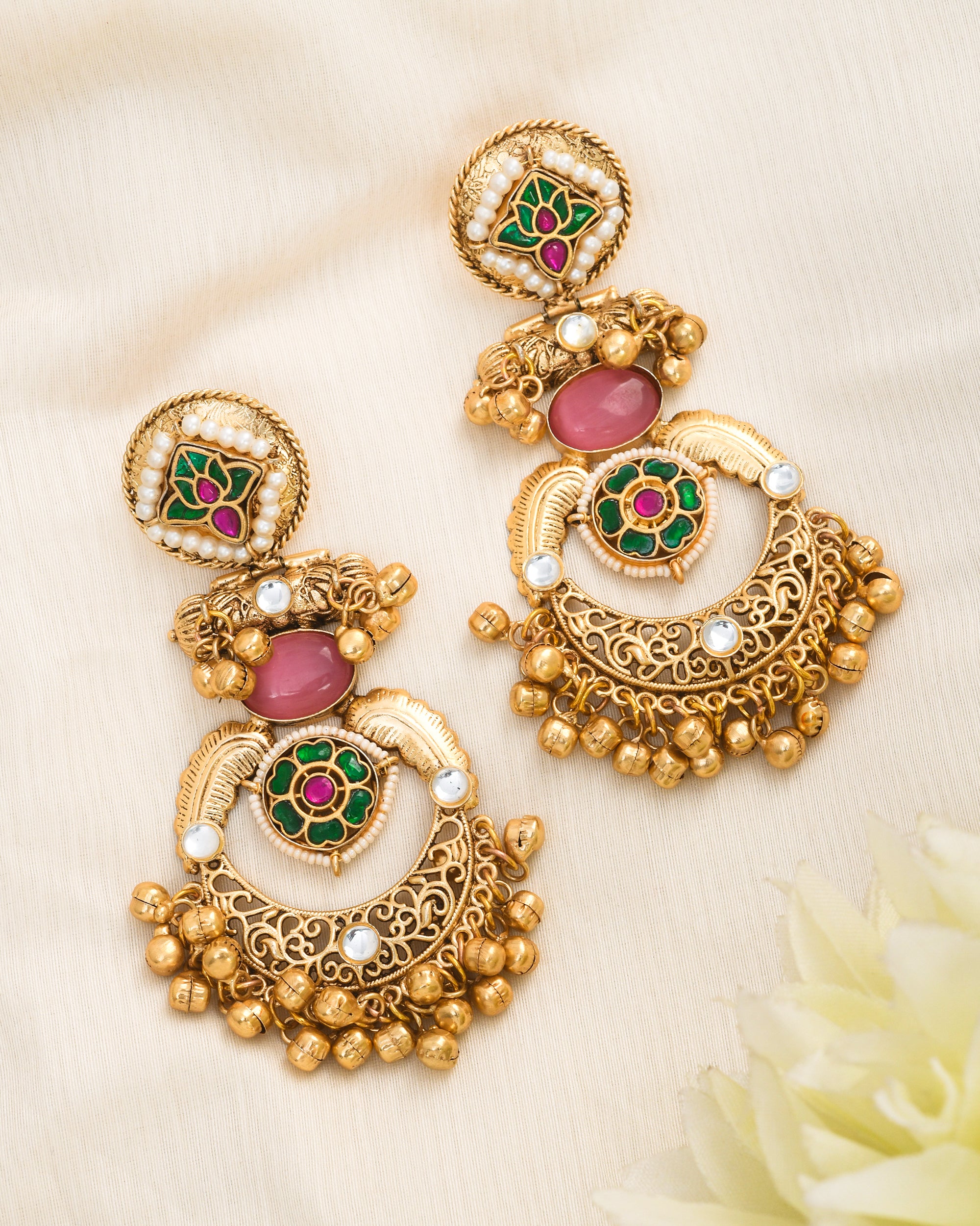 Amazing Antique Gold Pink Color Stone-Multi Color Glass Motif-Polky-Pearl  Fancy Dangle Earrings