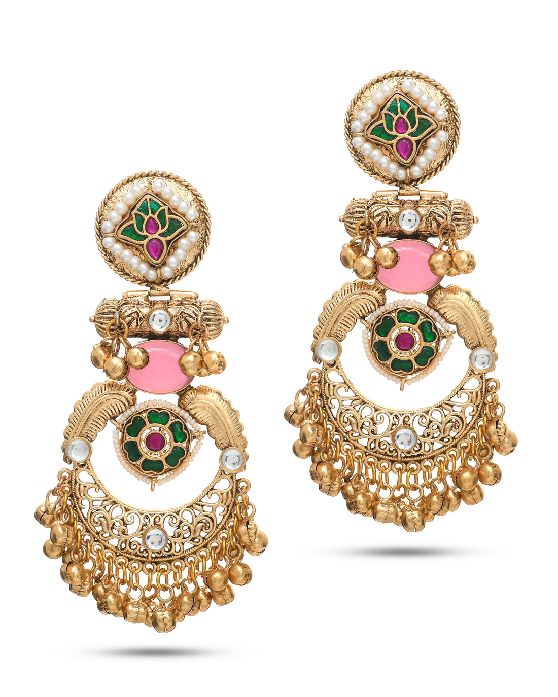 Amazing Antique Gold Pink Color Stone-Multi Color Glass Motif-Polky-Pearl  Fancy Dangle Earrings